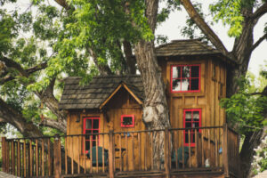 Cabane en bois perchée dans les arbres avec des tours de fenêtres rouges.